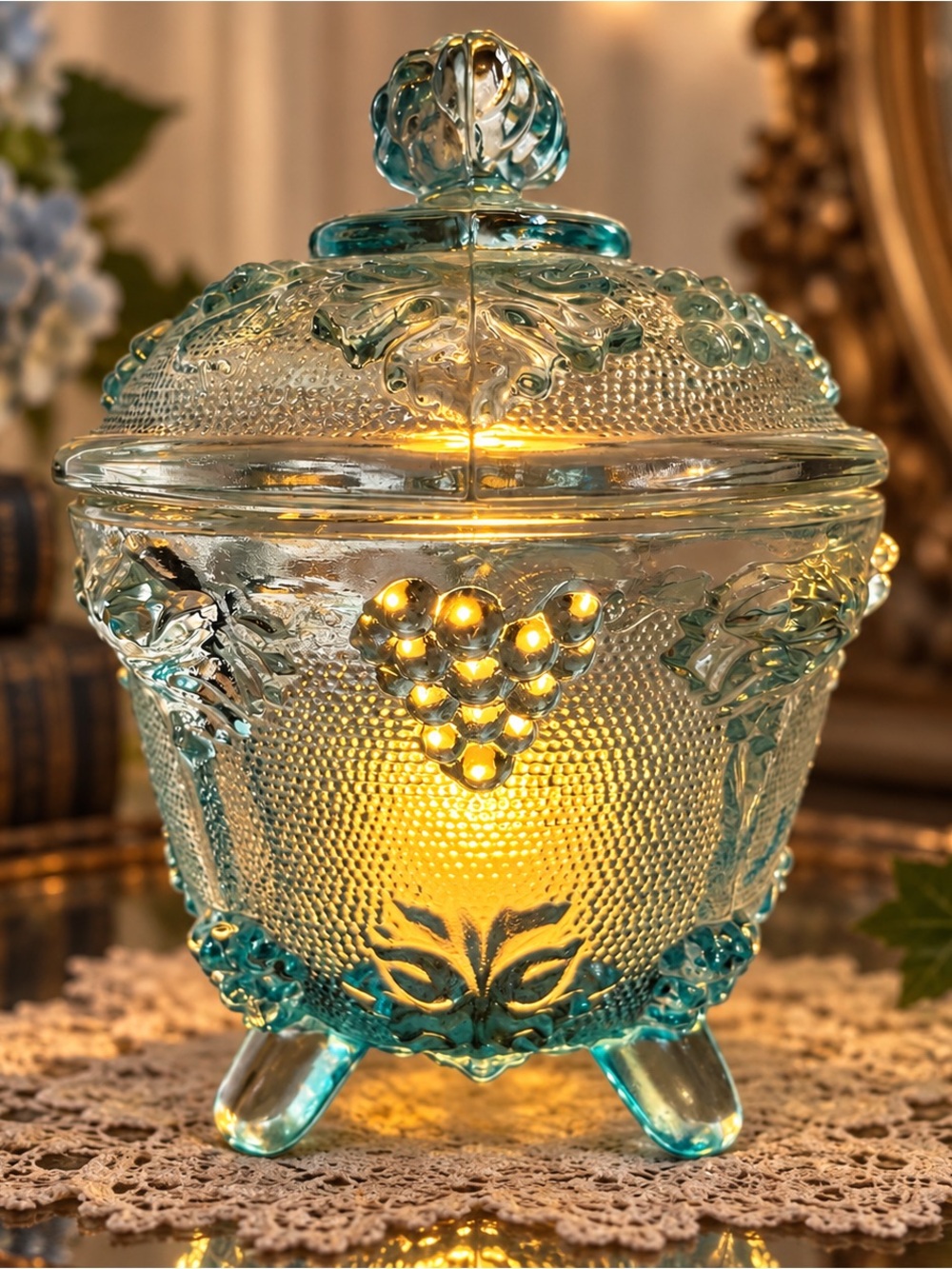 Vintage Jeannette Aqua Blue Harvest Grape Candy Dish Fairy Lamp